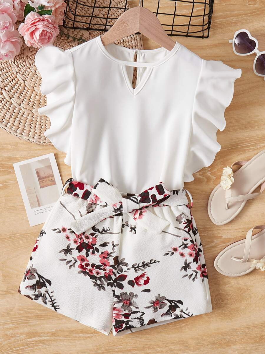SHEIN Girls Ruffle Trim Keyhole Neck Top & Floral Print Belted Shorts