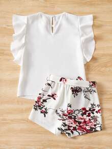 SHEIN Girls Ruffle Trim Keyhole Neck Top & Floral Print Belted Shorts