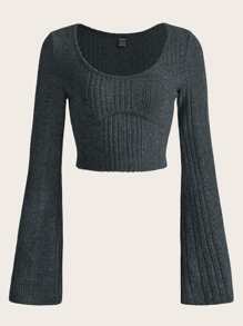 Muchica Scoop Neck Bell Sleeve Crop Tee - Dark Grey - View 1