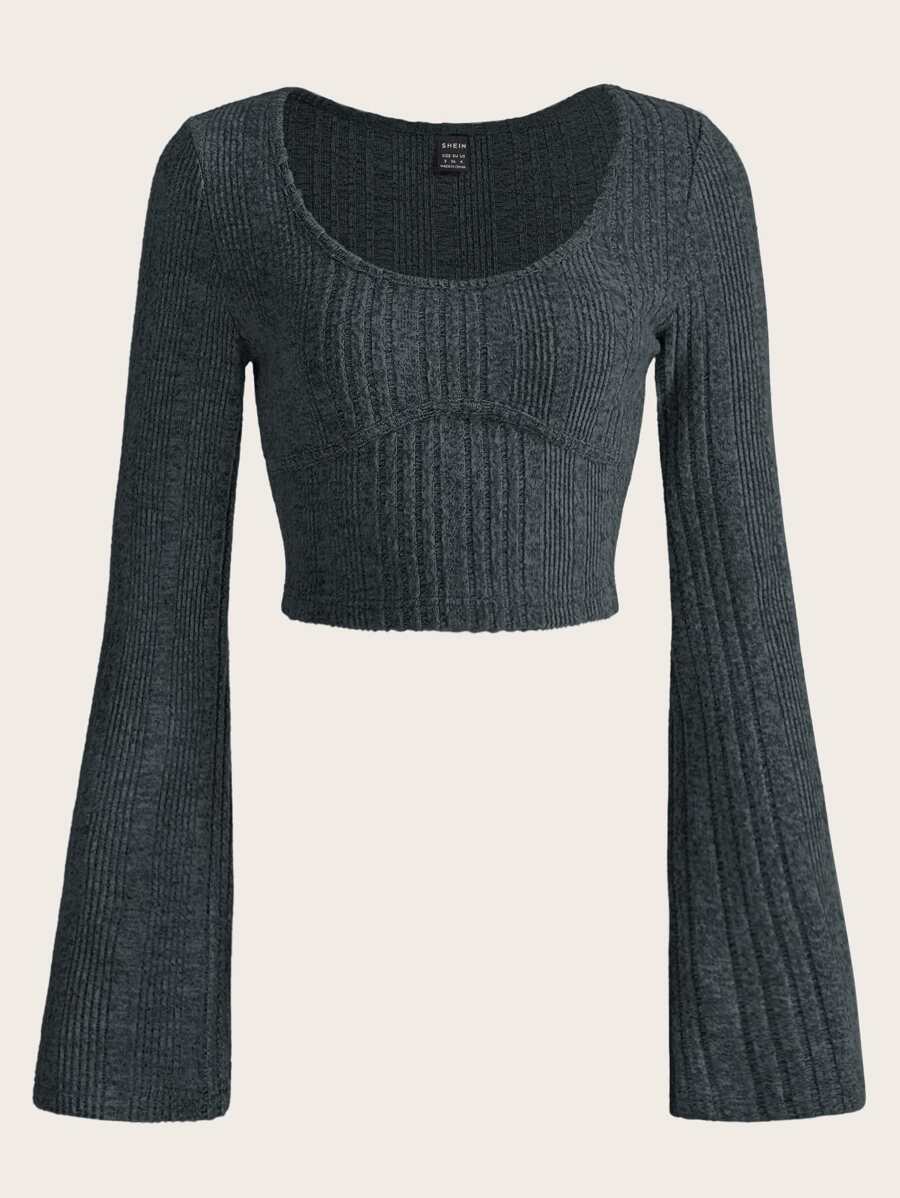 Muchica Scoop Neck Bell Sleeve Crop Tee - Dark Grey - View 1