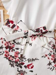 SHEIN Girls Ruffle Trim Keyhole Neck Top & Floral Print Belted Shorts