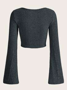 Muchica Scoop Neck Bell Sleeve Crop Tee - Dark Grey - View 2