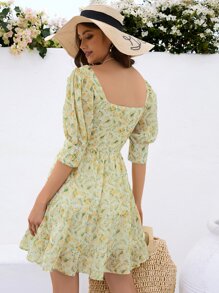 SHEIN VCAY Abiti stamp floreale all over con bottone frontale con volant - Verde - Visualizzare 2