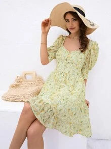 SHEIN VCAY Abiti stamp floreale all over con bottone frontale con volant - Verde - Visualizzare 4