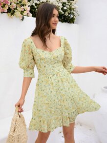 SHEIN VCAY Abiti stamp floreale all over con bottone frontale con volant - Verde - Visualizzare 6