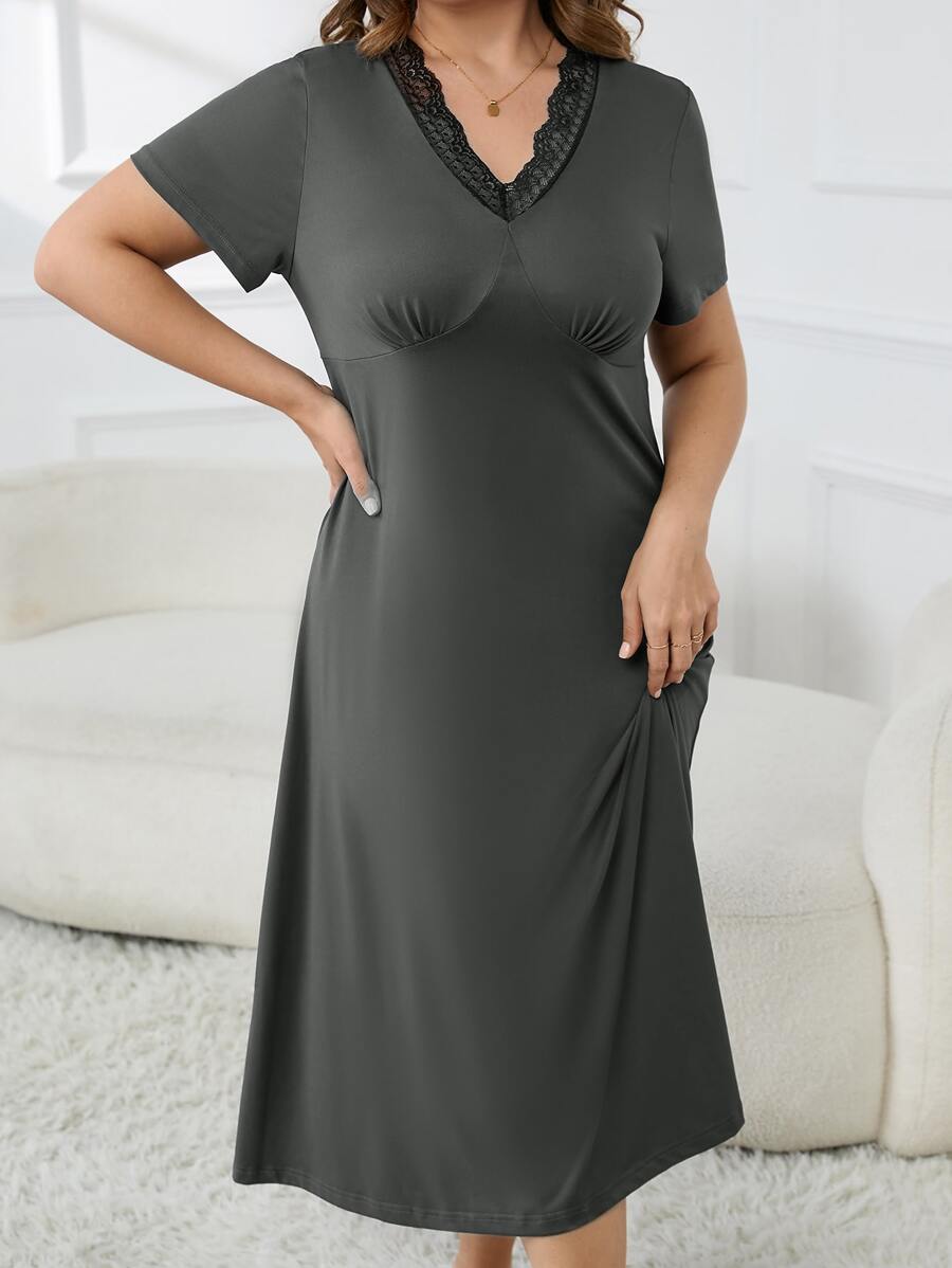 大碼蕾絲邊抽褶細節睡裙