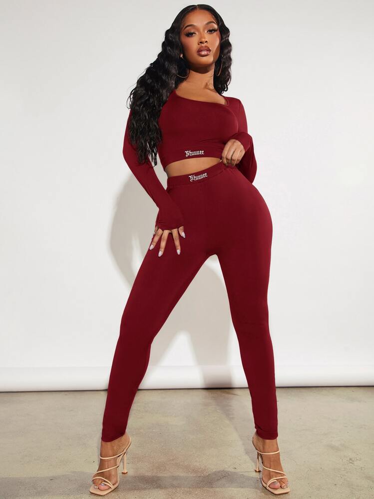 SHEIN SXY מכתב קז'ואל אאוטפיט שני חלקים לנשים - בורגונדי - ראה 6