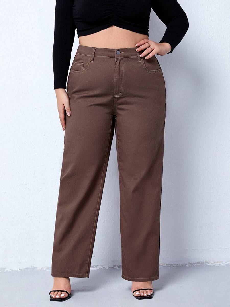 Plus Straight Leg Jeans - Coffee Brown - View 1