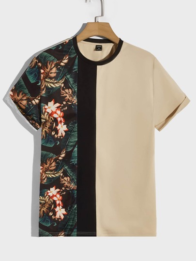Guys Tropical Print Colorblock Tee