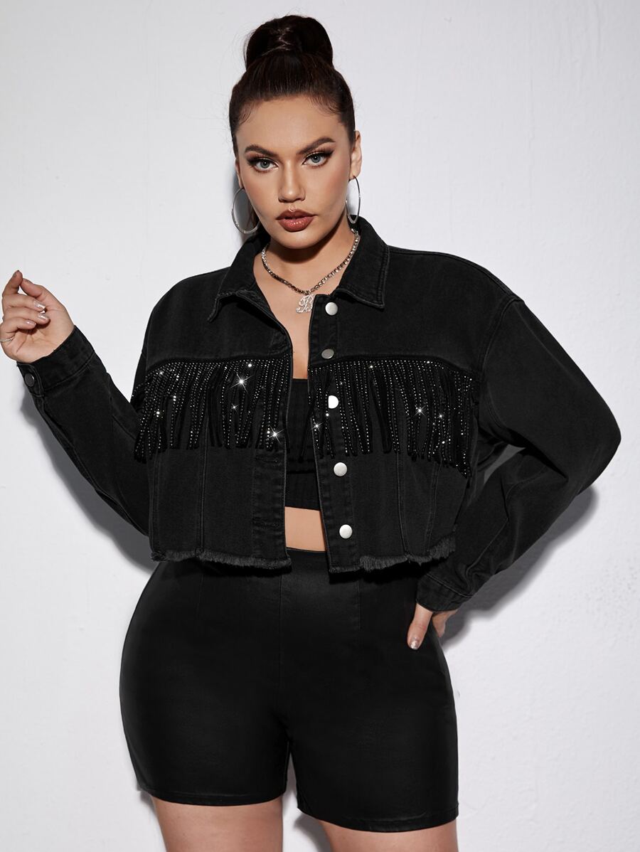 SHEIN Plus Fringe Trim Drop Shoulder Raw Cut Denim Jacket - Black - View 1