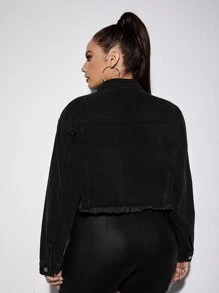 SHEIN Plus Fringe Trim Drop Shoulder Raw Cut Denim Jacket - Black - View 2