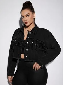 SHEIN Plus Fringe Trim Drop Shoulder Raw Cut Denim Jacket - Black - View 3