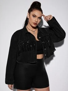 SHEIN Plus Fringe Trim Drop Shoulder Raw Cut Denim Jacket - Black - View 5