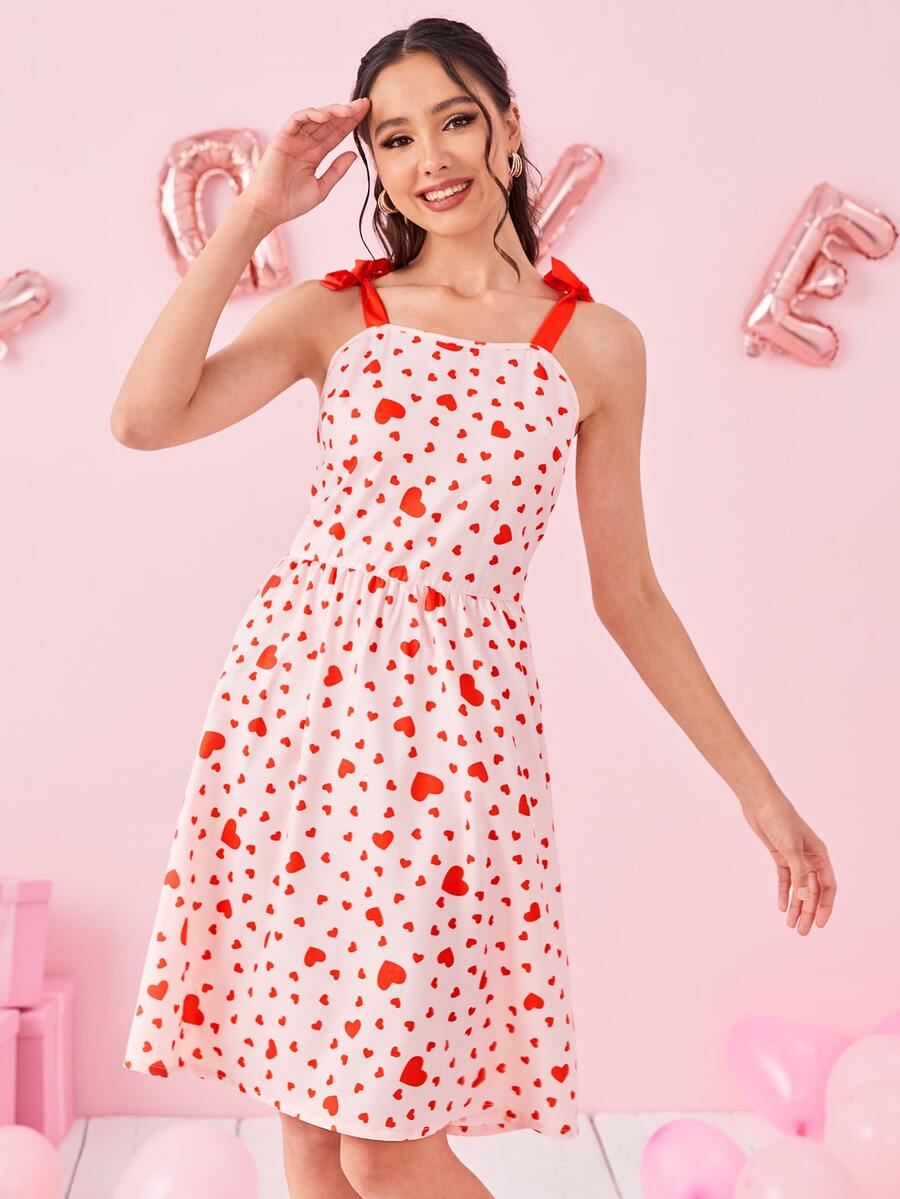 SHEIN Essnce 1pc Heart Print Tie Shoulder Cami Dress - Pink - View 1