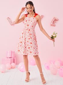 SHEIN Essnce 1pc Heart Print Tie Shoulder Cami Dress - Pink - View 4