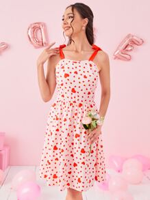 SHEIN Essnce 1pc Heart Print Tie Shoulder Cami Dress - Pink - View 6