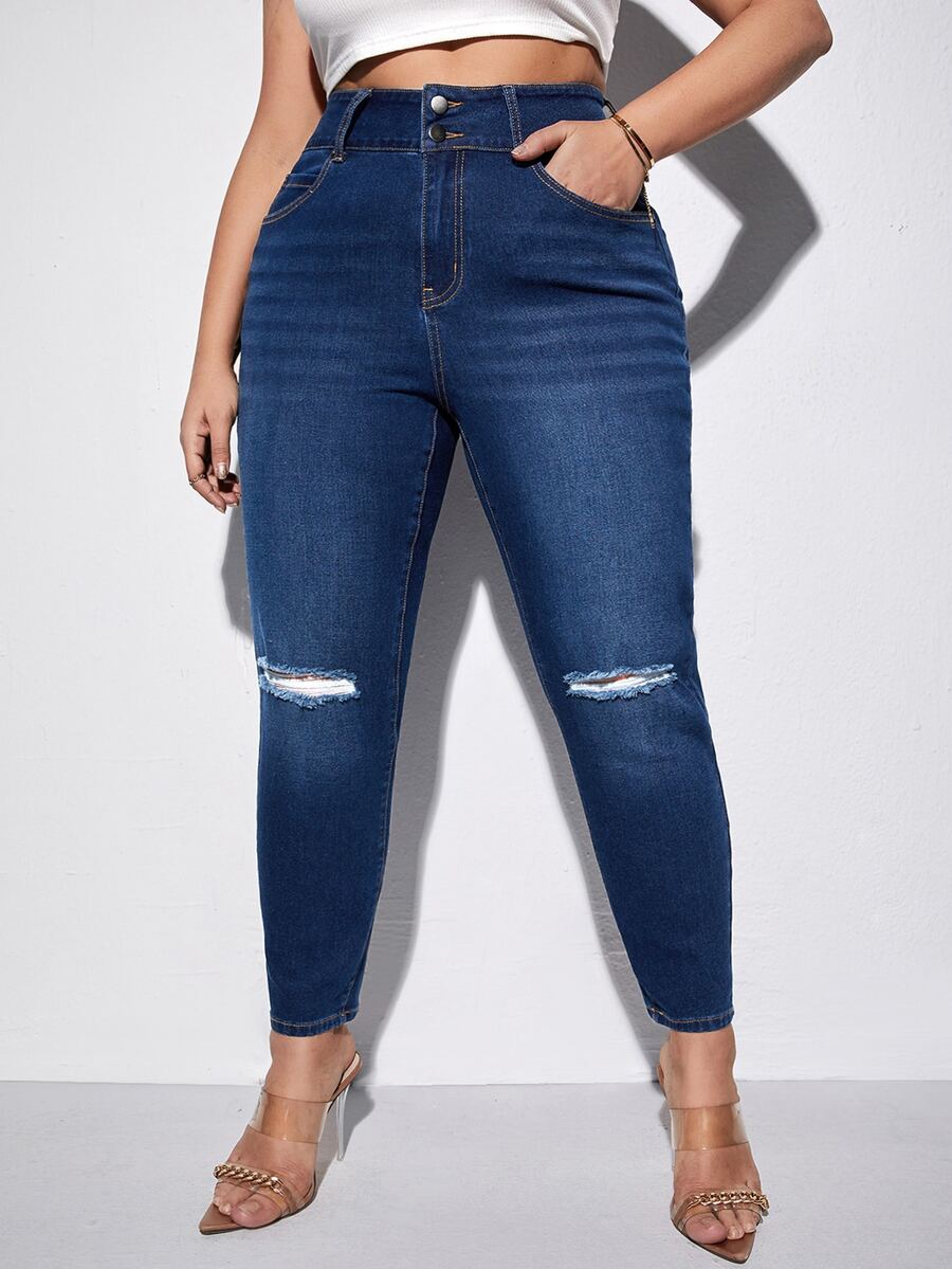 Jeans ajustados desgarro de talle alto - Azul lavado oscuro - Ver 1