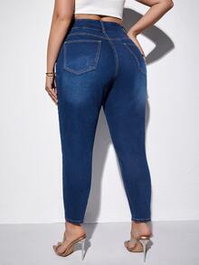 Jeans ajustados desgarro de talle alto - Azul lavado oscuro - Ver 2