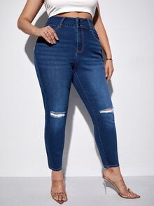 Jeans ajustados desgarro de talle alto - Azul lavado oscuro - Ver 3