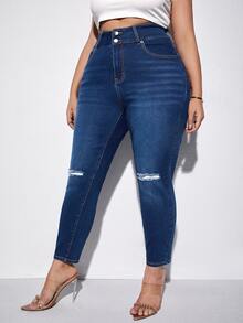 Jeans ajustados desgarro de talle alto - Azul lavado oscuro - Ver 4