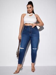 Jeans ajustados desgarro de talle alto - Azul lavado oscuro - Ver 5