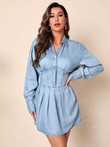 Drop Shoulder Fold Pleated Dress Women Spring Summer Long Sleeve Boned Dress - Light Wash - View 3