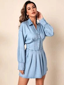 Drop Shoulder Fold Pleated Dress Women Spring Summer Long Sleeve Boned Dress - Light Wash - View 4