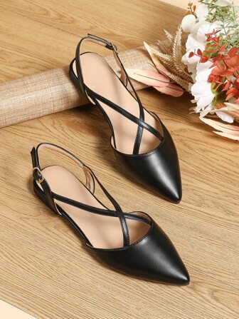 Minimalist Point Toe Slingback Flats, Elegant Women's Black Buckled Solid Color Flat Shoes, Loafers