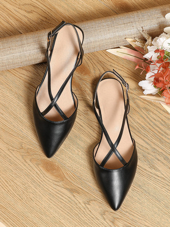 Höst/vinter Minimalistiska Slingback-skor med Spetstå, Eleganta Svarta Enfärgade Platta Skor med Spänne, Loafers