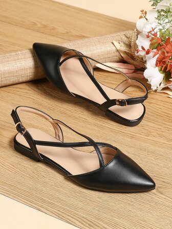 Fall/Winter Minimalist Point Toe Slingback Flats, Elegant Women's Black Buckled Solid Color Flat Shoes, Loafers