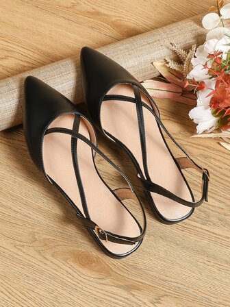 Fall/Winter Minimalist Point Toe Slingback Flats, Elegant Women's Black Buckled Solid Color Flat Shoes, Loafers