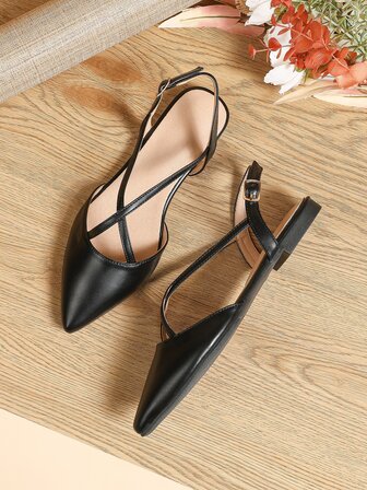 Höst/vinter Minimalistiska Slingback-skor med Spetstå, Eleganta Svarta Enfärgade Platta Skor med Spänne, Loafers