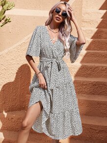 SHEIN LUNE Allover Print Butterfly Sleeve Ruffle Hem Belted Dress - Beige - View 1