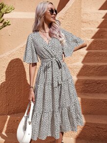 SHEIN LUNE Allover Print Butterfly Sleeve Ruffle Hem Belted Dress - Beige - View 3