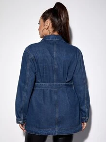 Plus Flap Pocket Belted Denim Coat - Dark Wash - View 2