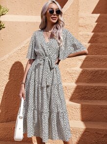 SHEIN LUNE Allover Print Butterfly Sleeve Ruffle Hem Belted Dress - Beige - View 4