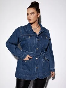 Plus Flap Pocket Belted Denim Coat - Dark Wash - View 5