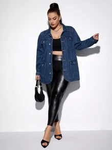 Plus Flap Pocket Belted Denim Coat - Dark Wash - View 6