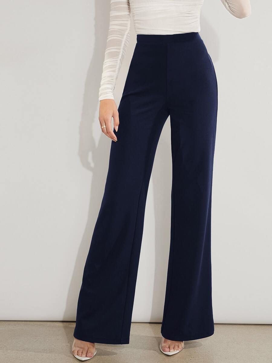 Solid High Waist Wide Leg Trousers - Navy Blue - View 1