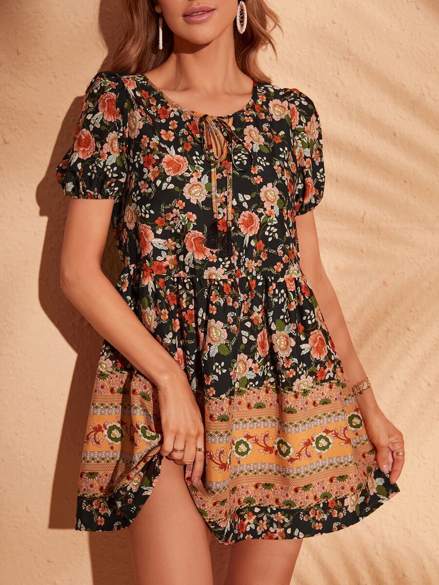 SHEIN VCAY Đầm Thắt nút Hoa Boho - Nhiều màu - Xem 1