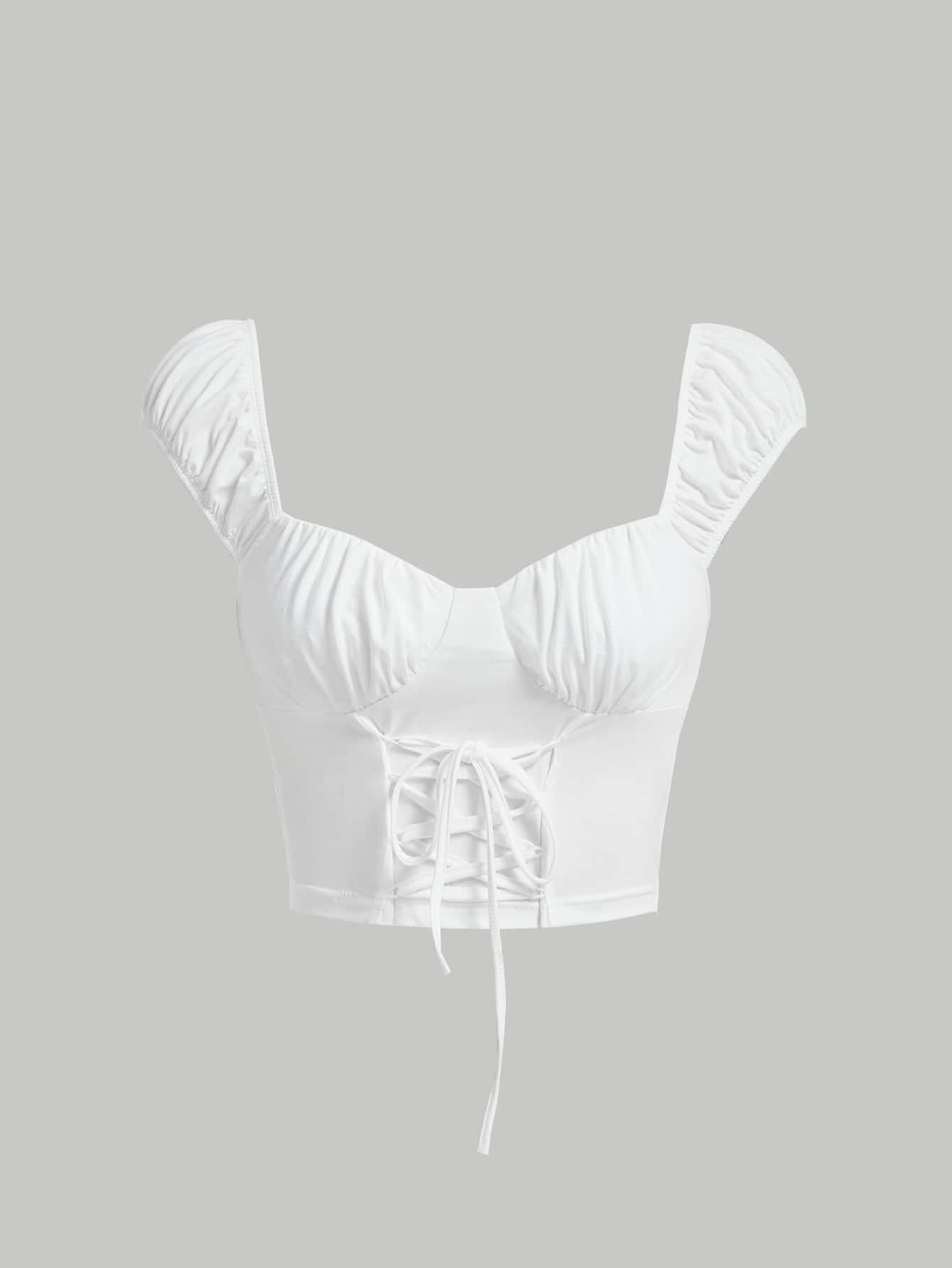 SHEIN MOD Ruched Bust Lace Up Front Crop Tee - White - View 1