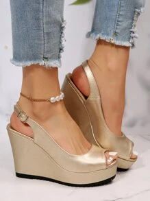 Women Peep Toe Slingback Wedge Court Shoes, Fashionable Golden Party Ankle Strap Pumps