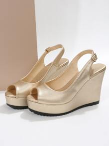 Women Peep Toe Slingback Wedge Court Shoes, Fashionable Golden Party Ankle Strap Pumps