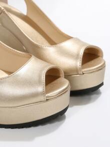 Women Peep Toe Slingback Wedge Court Shoes, Fashionable Golden Party Ankle Strap Pumps