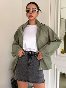 DAZY Áo khoác trùm đầu tay Raglan viền rút dây mùa đông - xanh quân đội - Xem 5