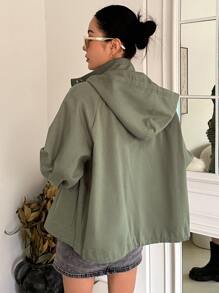 DAZY Áo khoác trùm đầu tay Raglan viền rút dây mùa đông - xanh quân đội - Xem 2