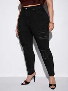 Jeans ajustados desgarro de talle alto - Negro - Ver 3