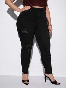 Jeans ajustados desgarro de talle alto - Negro - Ver 5