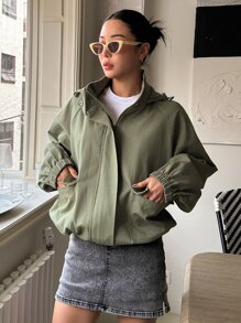 DAZY Áo khoác trùm đầu tay Raglan viền rút dây mùa đông - xanh quân đội - Xem 3