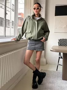 DAZY Áo khoác trùm đầu tay Raglan viền rút dây mùa đông - xanh quân đội - Xem 6